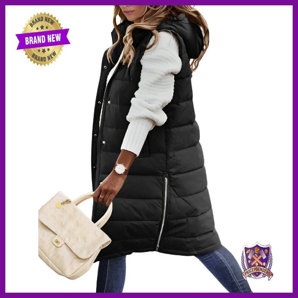 Women's Long Hooded Puffer Vest Sleeveless Zip Up Warm Quilted Jacket